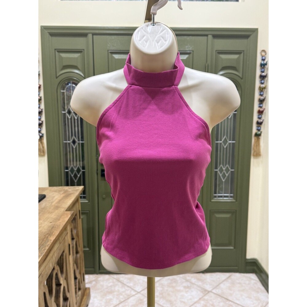 Forever 21 hot pink ribbed high neck halter tank top size XS